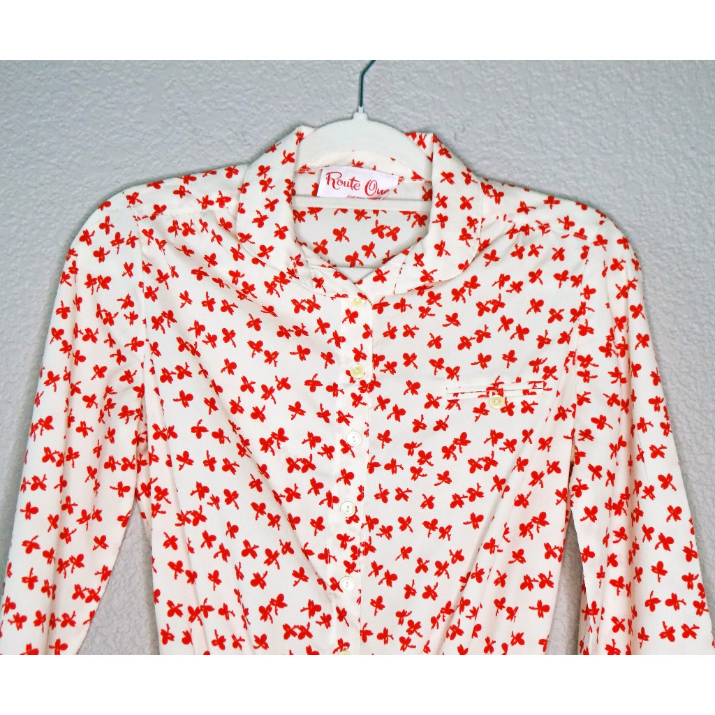 Vintage 60s Route One Long Sleeve Red And White Print Dress Sz Small — image 2 of 8